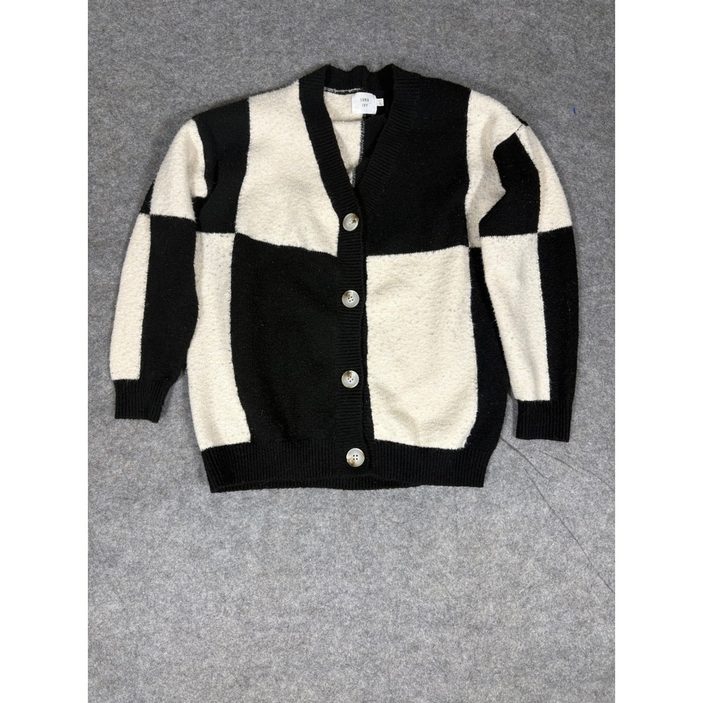 Luna Ivy‎ Anthropologie Black White Checkerboard Patchwork Cardigan Sweater XS